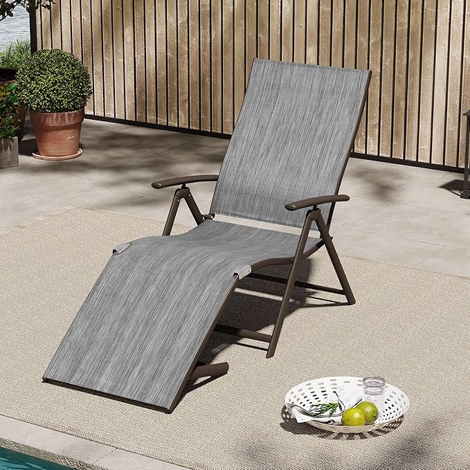 VredHom Patio Chaise Lounge Chair, Outdoor Adjustable Folding Lounge Chair, Recliner with 8 Adjustable Backrest Positions for Pool Beach Yard, Dark Gray Textliene & Brown Aluminum Frame