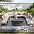 PHI VILLA 9-Piece Half Moon Patio Furniture Set with 56" Fire Pit Table, Outdoor Wicker Sectional Sofa with Thick Beige Cushions, 2 Ottomans, Large Curved Conversation Seating for Garden or Backyard