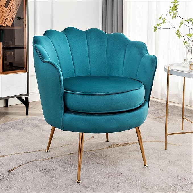 Container Furniture Direct Velvet Barrel Accent Chair with Scalloped Silhouette and Gold Metal Legs, Decorative Piece Suitable for Traditional, Modern, and Contemporary Spaces, Greenish Blue
