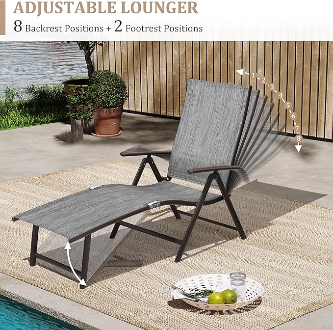 VredHom Patio Chaise Lounge Chair, Outdoor Adjustable Folding Lounge Chair, Recliner with 8 Adjustable Backrest Positions for Pool Beach Yard, Dark Gray Textliene & Brown Aluminum Frame