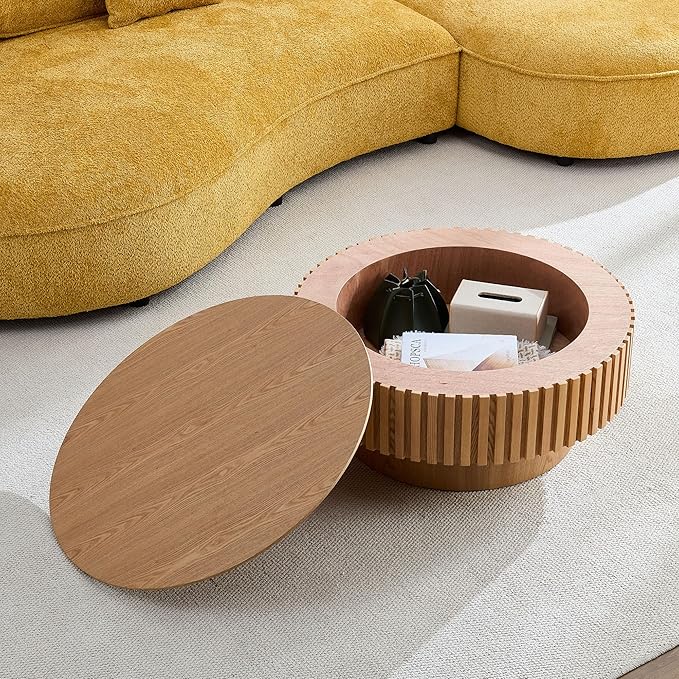 31.49'' Round Wood Coffee Table with Storage for Living Room, Modern Handcraft Drum Coffee Table, Circle Wooden Table for Small Space Apartment (Ash, Ø31.49 x 13.77 with Storage)