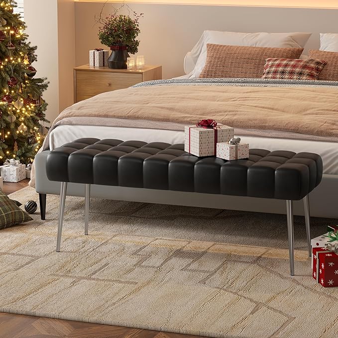 Apicizon 44.5”Bench for Bedroom, Modern Faux Leather End of Bed Bench with Metal Legs, Upholstered Sitting Bench for Front Door Entrance,Bedroom,Dining Room, Entryway，Black