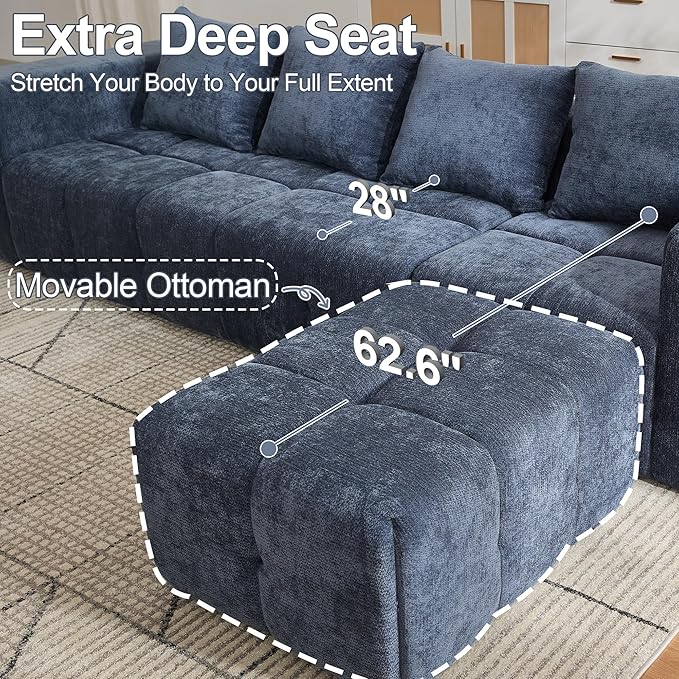 119" Boneless Couch, Cloud Sectional Couch with Deep Seat, High-Density Memory Foam and Chaise, Sectional L Shaped Sofa, Boneless Couches for Living Room, No Assembly Required Tufted Sofa, Blue