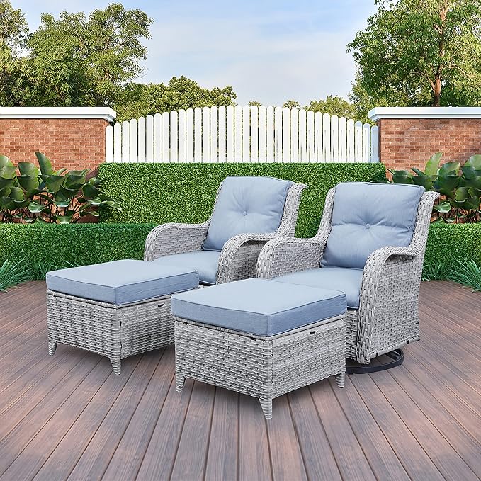 Belord Wicker Outdoor Furniture Patio Furniture Set - 6 Piece Patio Conversation Set with Swivel Rocker Chairs, Rattan Sofa, Ottomans and Coffee Table, Baby Blue Cushion