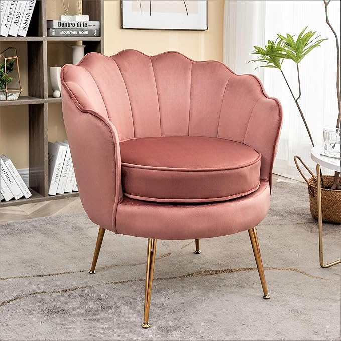 Container Furniture Direct Velvet Barrel Accent Chair with Scalloped Silhouette and Gold Metal Legs, Decorative Piece Suitable for Traditional, Modern, and Contemporary Spaces, Rose