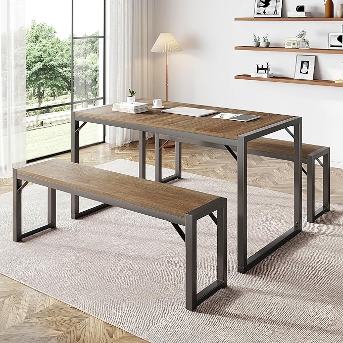 IMUsee 3PC 47.2" Dining Table Set for 4 with Benches, Heavy Duty Metal Frame, Small Space Saving Kitchen Dinette, Wood Board and Grey Legs
