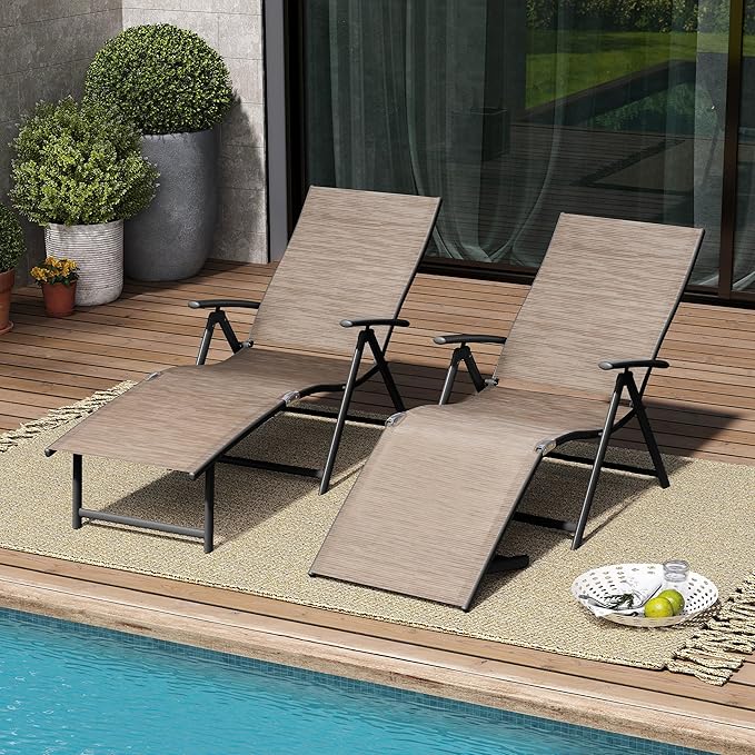 VredHom 2PCS Outdoor Chaise Lounge Patio Adjustable Folding Lounge Chair Recliner with 8 Adjustable Backrest Positions for Pool Beach Yard, Brown Textliene and Brown Aluminum Frame, Walnut