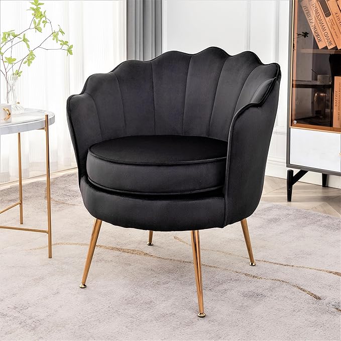 Container Furniture Direct Velvet Barrel Accent Chair with Scalloped Silhouette and Gold Metal Legs, Decorative Piece Suitable for Traditional, Modern, and Contemporary Spaces, Black