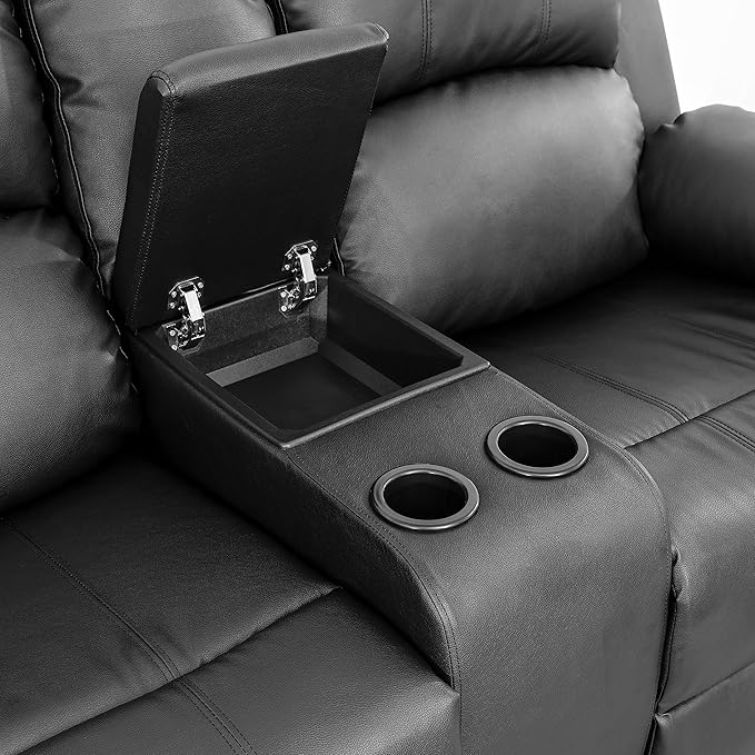 SIENWIEY Manual Leather Recliner Sectional Sofa for Living Room,L Shaped Reclining Sectional Corner Couch with Chair,Black Recliner Sofa Set with Storage Console/Drop Down Coffee Table/Cup Holders