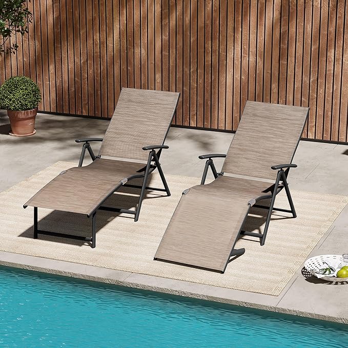 VredHom 2PCS Outdoor Chaise Lounge Patio Adjustable Folding Lounge Chair Recliner with 8 Adjustable Backrest Positions for Pool Beach Yard, Brown Textliene and Brown Aluminum Frame, Walnut