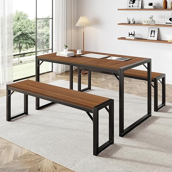 IMUsee 3PC 47.2" Dining Table Set for 4 with Benches, Heavy Duty Metal Frame, Small Space Saving Kitchen Dinette, Wood Board and Black Legs