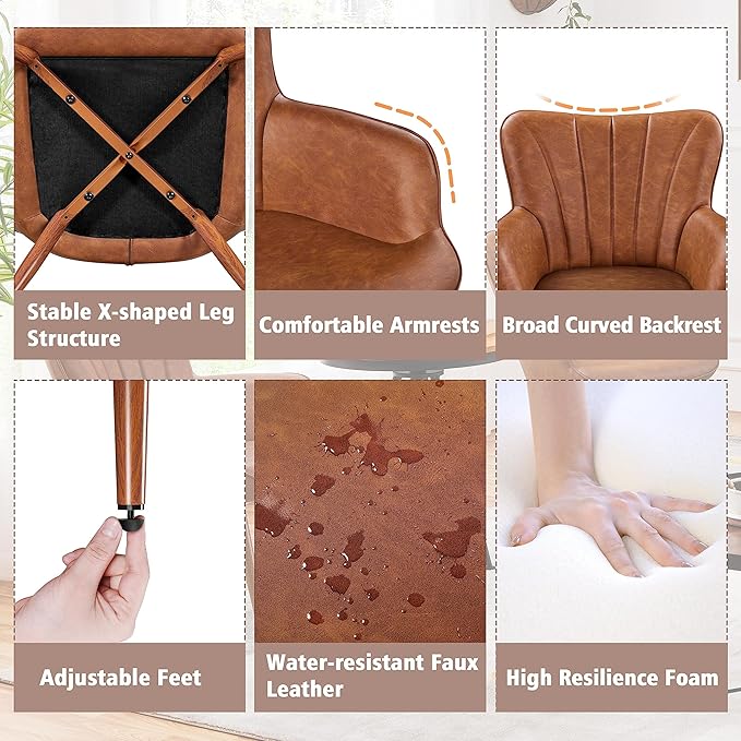 Yaheetech PU Leather Armchair, Modern Accent Chair with Metal Legs, Comfy Upholstered Barrel Chair for Living Room Bedroom Vanity Room, Brown, 2pcs