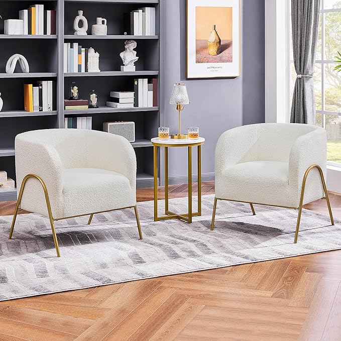 Yaheetech Accent Chair Set of 2, Armchair Set, Side Chairs for Living Room, Boucle Fabric Vanity Chairs with Gold Legs for Bedroom Office Reading Nook, Ivory
