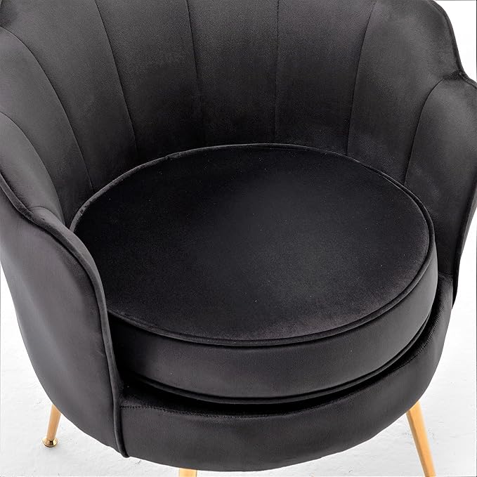 Container Furniture Direct Velvet Barrel Accent Chair with Scalloped Silhouette and Gold Metal Legs, Decorative Piece Suitable for Traditional, Modern, and Contemporary Spaces, Black