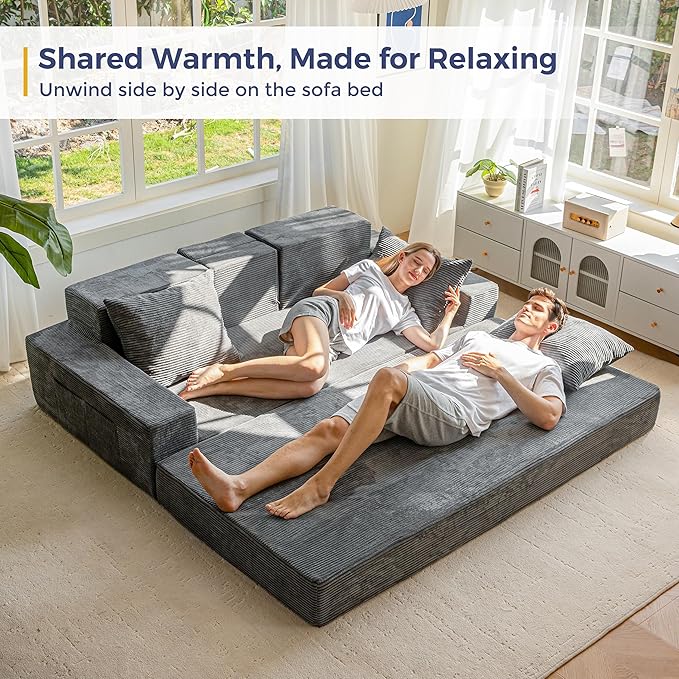 MAXYOYO Convertible Sofa Bed, 80" Oversized Boneless Loveseat Couch 4 in 1 Foldable Floor Sofa Couch in A Box with 2 Cup Holders, Folding Sleeper Chair for Living Room, No Assembly Required, Dark Grey