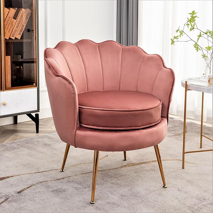 Container Furniture Direct Velvet Barrel Accent Chair with Scalloped Silhouette and Gold Metal Legs, Decorative Piece Suitable for Traditional, Modern, and Contemporary Spaces, Rose