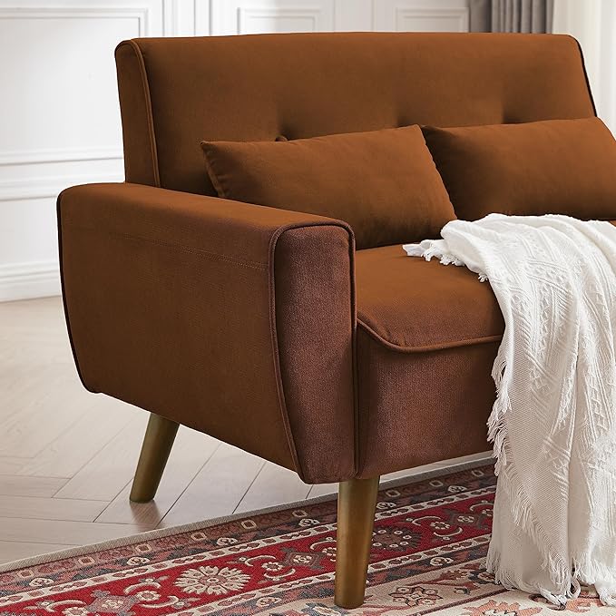 48" Loveseat Sofa, 2 Seater Love Seat Mid Century Modern Small Couches for Living Room Bedroom Apartment, 2 Throw Pillows and Plastic Legs, Orange