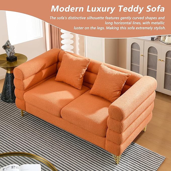 mikibama Modern Teddy Loveseat Sofa, 60 Inch Sectional Sofa Couch, Luxury 2 Seater Deep Couch with 2 Pillows and Gold Metal Legs for Living Room, Bedroom, Apartment (Orange)