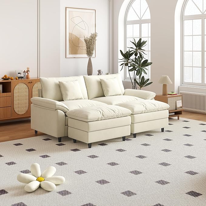 Aoowow Modular Sectional Sofa Modern Convertible Loveseat Couch,85 Inch Deep 2-Seater Sofas Comfy Chenille Cloud Sofas and Couches Set with 2 Movable Ottoman for Living Room Apartment(Beige)