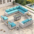 13 Piece Outdoor Wicker Rattan Sectional Sofa Set with 55,000 BTU Fire Pit Table, 10-Seats with 4" Thickened Cushions & Coffee Table, All-Weather PE Rattan for Garden, Backyard, Porch, Navy