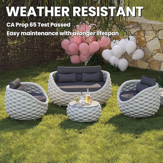 Erotr Aluminum Patio Furniture Set: 4 Pieces Woven Rope Outdoor Conversation Sofa Set Assembled - Modern Cushioned Armchair Couch Set for 660lbs Porch Deck Backyard Poolside Garden Drawing Room Hotel
