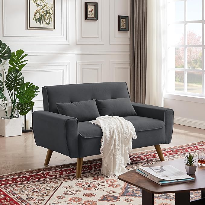 48" Loveseat Sofa, 2 Seater Love Seat Mid Century Modern Small Couches for Living Room Bedroom Apartment, 2 Throw Pillows and Plastic Legs, Dark Grey