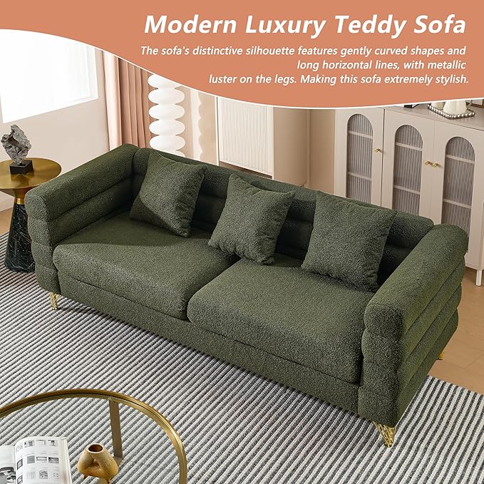 mikibama Modern Teddy Sectional Sofa, 81 Inch Oversized Sofa Couch, Luxury 3 Seater Deep Couch with 3 Pillows and Gold Metal Legs for Living Room, Bedroom, Apartment (Green)