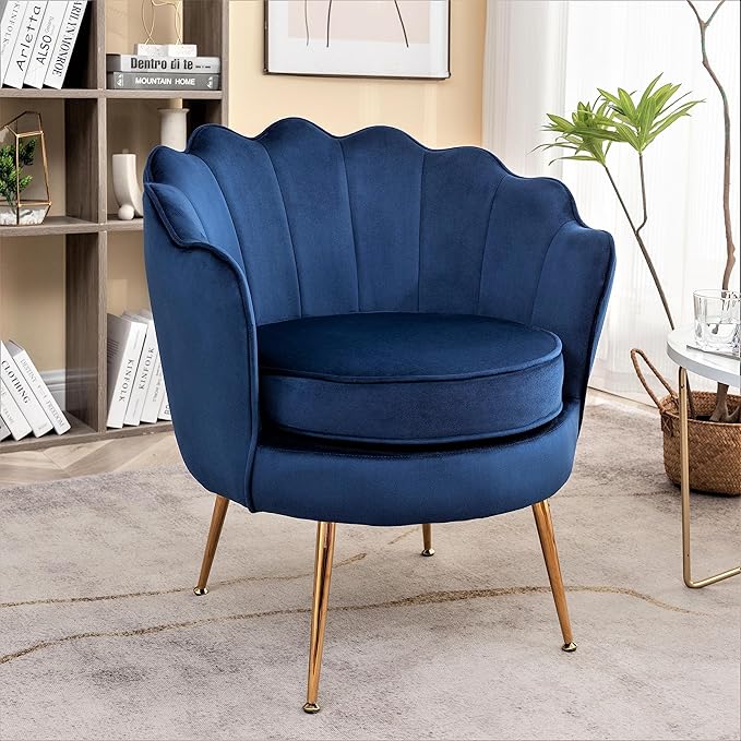 Container Furniture Direct Velvet Barrel Accent Chair with Scalloped Silhouette and Gold Metal Legs, Decorative Piece Suitable for Traditional, Modern, and Contemporary Spaces, Navy Blue