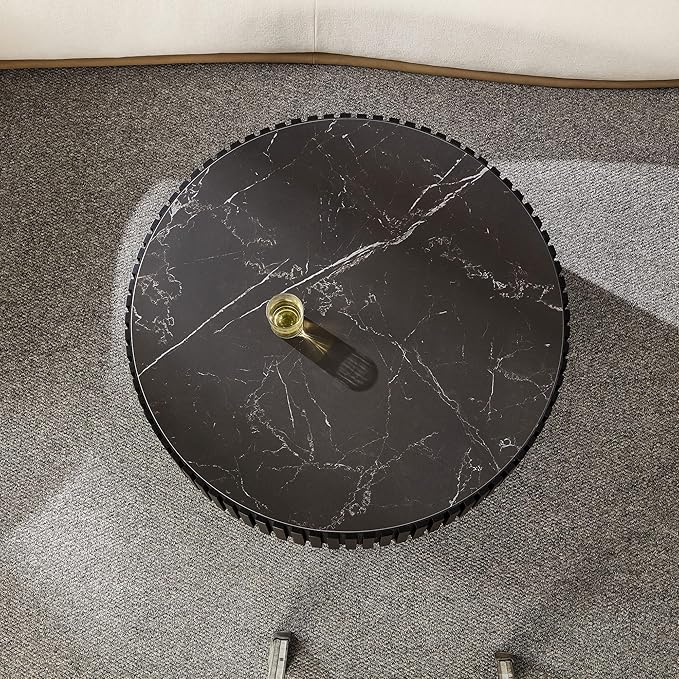 35.43''/90CM Modern Drum Coffee Table, Luxury Circle Wood Coffee Table for Apartment,Small Space (Black, Ø35.43 x 13.77 Sintered Stone Tabletop)