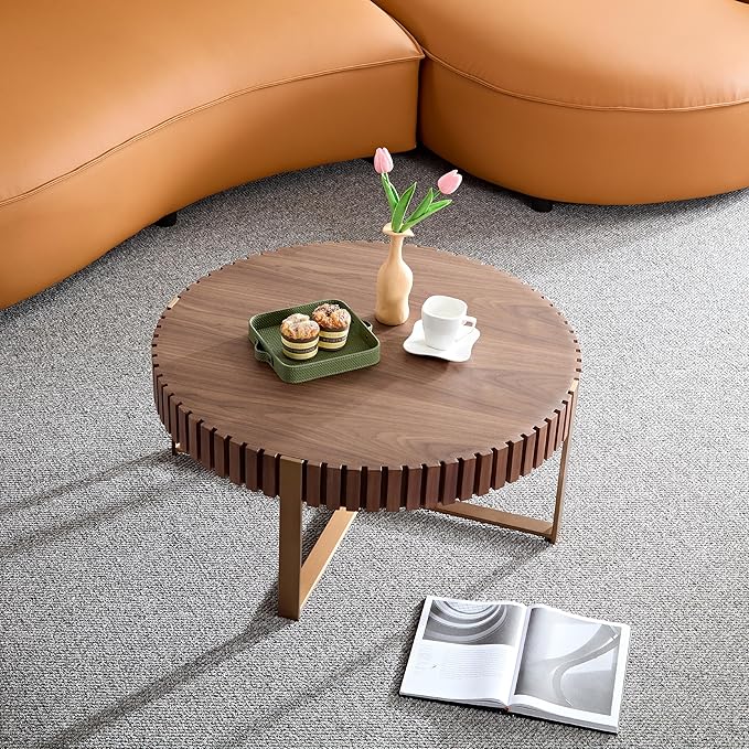 31.49'' Walnut Round Coffee Table for Apartment, Modern Living Room Coffee Table with Sturdy Pedestal Base (Walnut, 31.5)