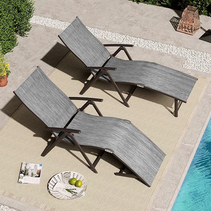 VredHom 2PCS Patio Chaise Lounge Outdoor Folding Adjustable Lounge Chair Recliner with 8 Adjustable Backrest Positions for Pool Beach Yard, Dark Gray Textliene and Brown Aluminum Frame