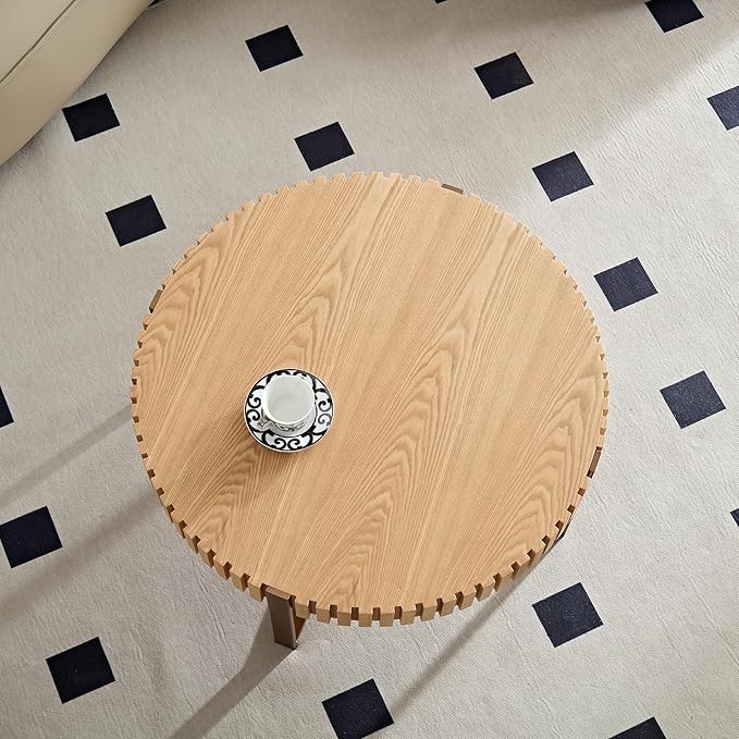 31.49'' Original Wood Color Round Coffee Table for Apartment, Modern Living Room Coffee Table with Sturdy Pedestal Base (Oak, 31.5)