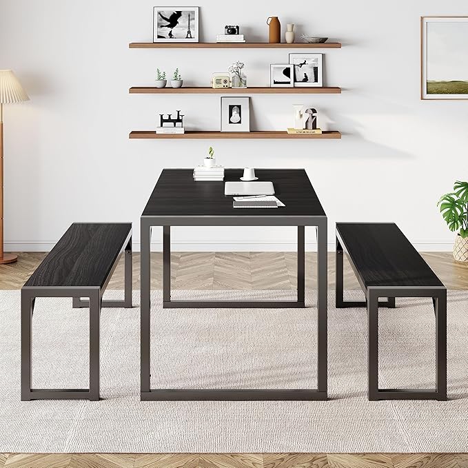 IMUsee 3PC 47.2" Dining Table Set for 4 with Benches, Heavy Duty Metal Frame, Small Space Saving Kitchen Dinette, Wood Board and Grey Legs