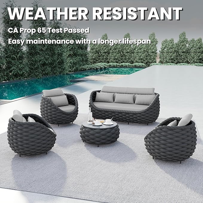 Erotr Metal Outdoor Conversation Sets: 5-Piece Aluminum Patio Furniture Set - Woven Rope Porch Sofa Set w/Coffee Table Cushions - Assembled Modern Lounge Couch for Deck Garden Yard Pool Hotel Resort
