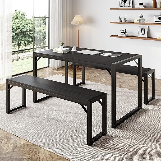 IMUsee 3PC 47.2" Dining Table Set for 4 with Benches, Heavy Duty Metal Frame, Small Space Saving Kitchen Dinette, Wood Board and Black Legs