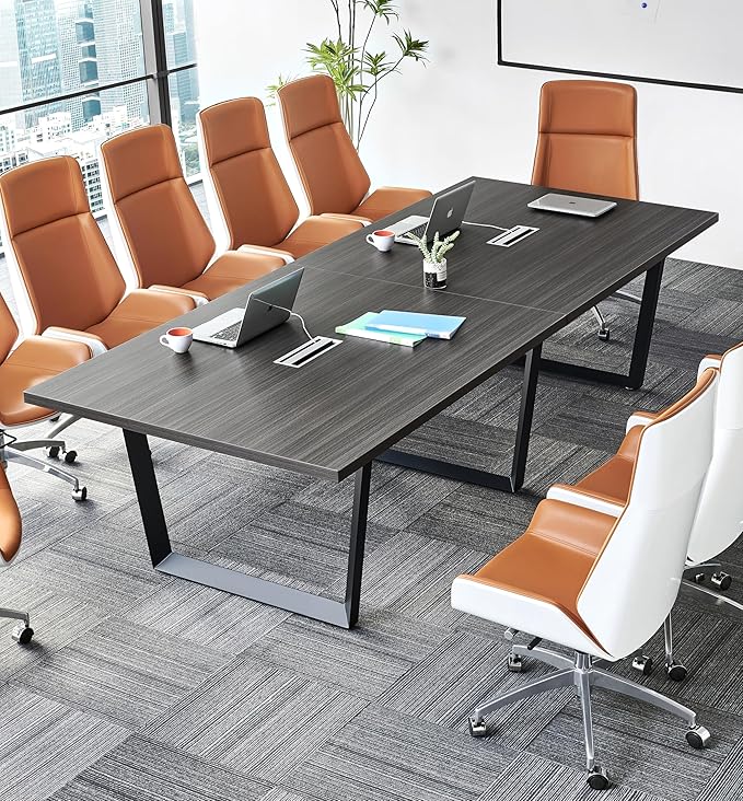ahliss Sturdy Conference Table with Cable Management Grommets Modern Rectangle Office Meeting Table with Wood Tabletop and Metal Frame & Legs- Easy Assembly Boardroom Table (Grey, 10 Foot)