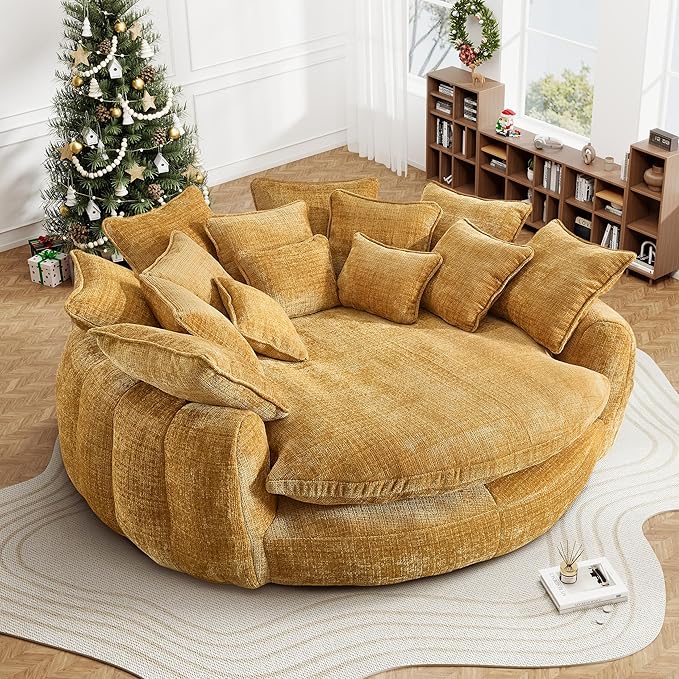 82'' Oversized Upholstered Sofa Bed, Round Chaise Lounge Chair Indoor, Modern Chenille Boneless Couch, No Assembly Required, Plush Sleeper Chair with 14 Pillows for Living Room, Yellow