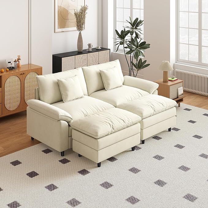 Aoowow Modular Sectional Sofa Modern Convertible Loveseat Couch,85 Inch Deep 2-Seater Sofas Comfy Chenille Cloud Sofas and Couches Set with 2 Movable Ottoman for Living Room Apartment(Beige)