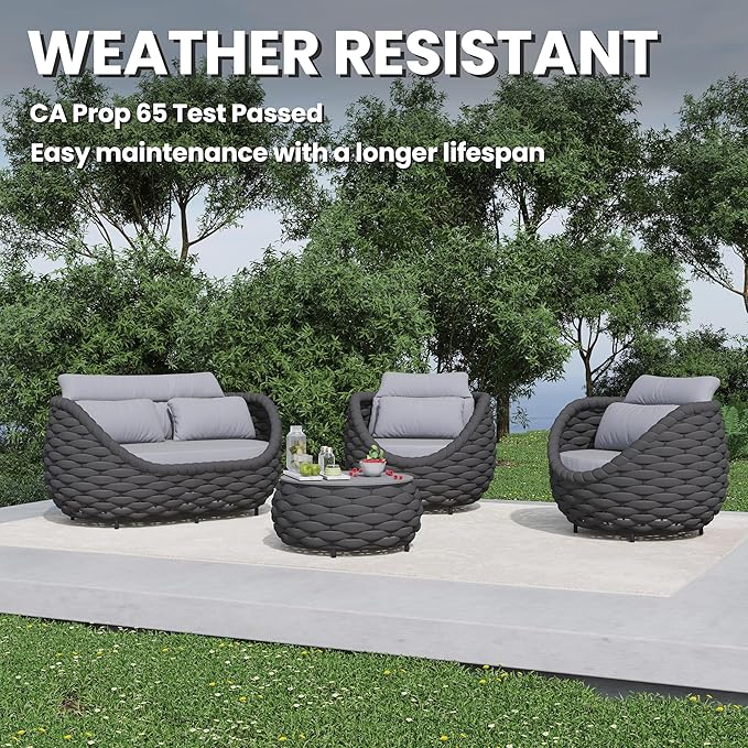 Erotr 4 Pieces Assembled Patio Conversation Sets, Aluminum Outdoor Furniture Sofa Set - Modern Cushioned Set Hand Woven Rope Couch Armchair Set for 4 - All Weather for Indoor Deck Porch Backyard Hotel
