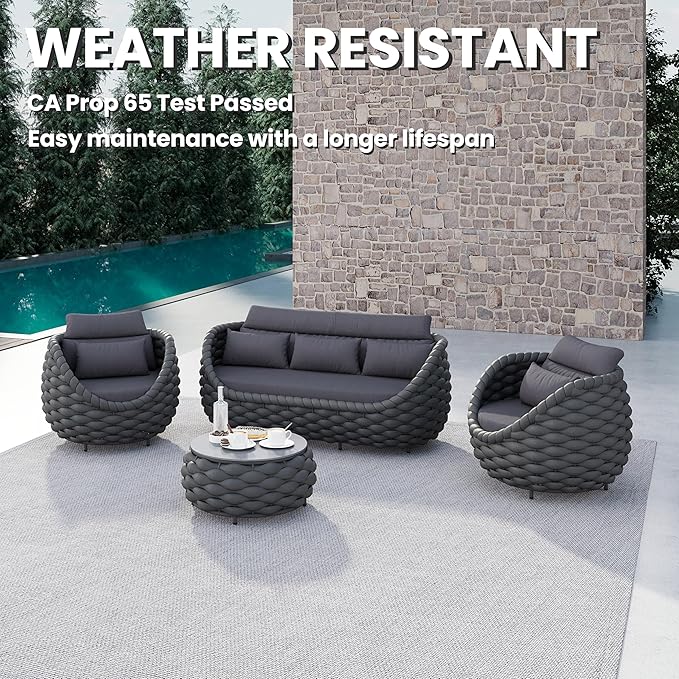 Erotr Rope Patio Furniture Set: 4 Pieces Aluminum Outdoor Couch Set Cushioned - Assembled Porch Conversation Sofa Set Modern - Metal Patio Seating for 5 Person Deck Garden Poolside Hotel, Dark Gray