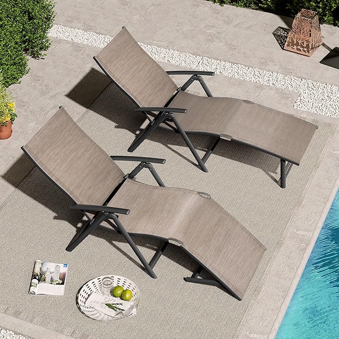 VredHom 2PCS Outdoor Chaise Lounge Patio Adjustable Folding Lounge Chair Recliner with 8 Adjustable Backrest Positions for Pool Beach Yard, Brown Textliene and Brown Aluminum Frame, Walnut