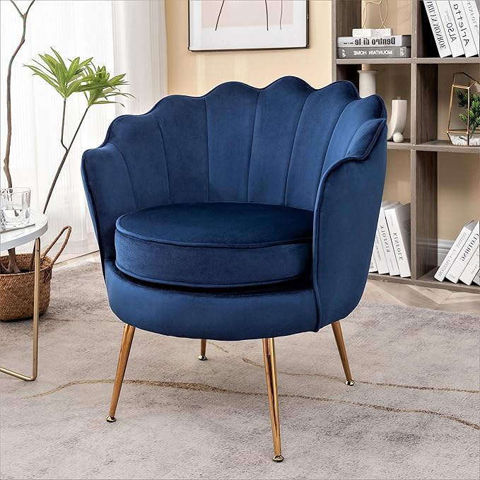 Container Furniture Direct Velvet Barrel Accent Chair with Scalloped Silhouette and Gold Metal Legs, Decorative Piece Suitable for Traditional, Modern, and Contemporary Spaces, Navy Blue