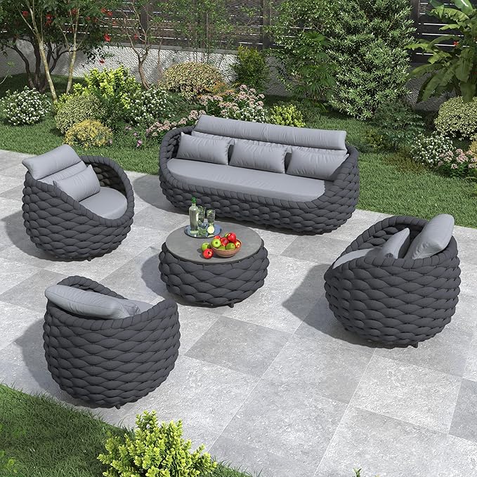 Erotr Metal Outdoor Conversation Sets: 5-Piece Aluminum Patio Furniture Set - Woven Rope Porch Sofa Set w/Coffee Table Cushions - Assembled Modern Lounge Couch for Deck Garden Yard Pool Hotel Resort