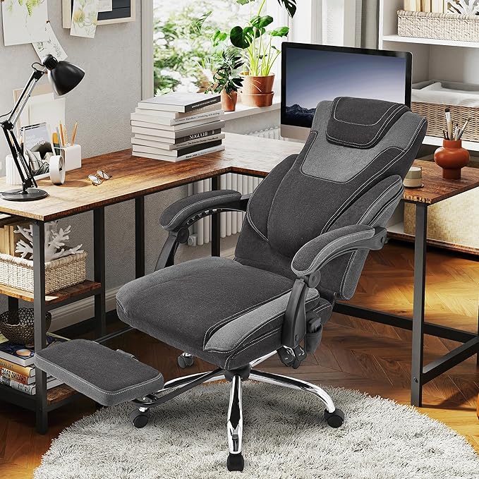 Massage Office Chair with Footrest,6-Point Vibration and Heat Executive Office Chairs,Ergonomic Desk Chair for Heavy People,500LBS Big and Tall Fabric Office Chair,BlackGrey