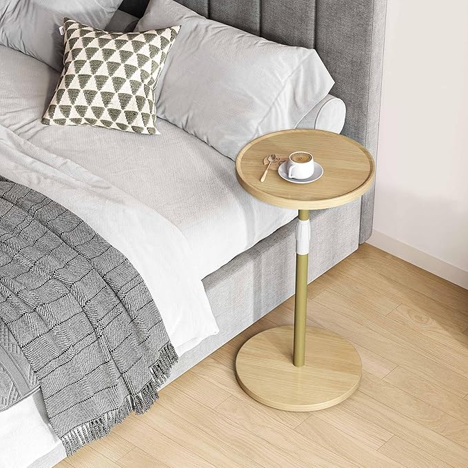 IRCPEN Adjustable End Table, Small Round Side Table, Drink Table for Small Spaces, Pedestal Nightstand for Living Room, Bedroom, Sofa Couch, Natural ET-010YW