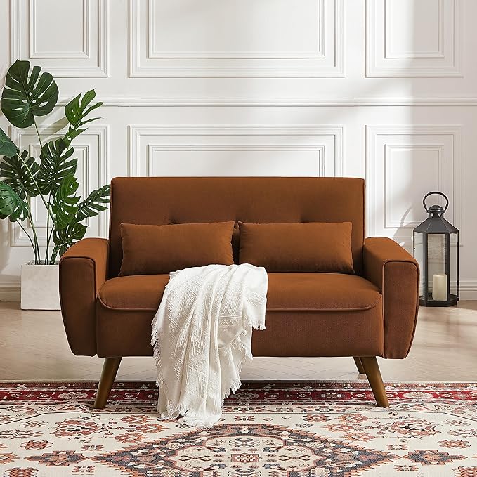 48" Loveseat Sofa, 2 Seater Love Seat Mid Century Modern Small Couches for Living Room Bedroom Apartment, 2 Throw Pillows and Plastic Legs, Orange