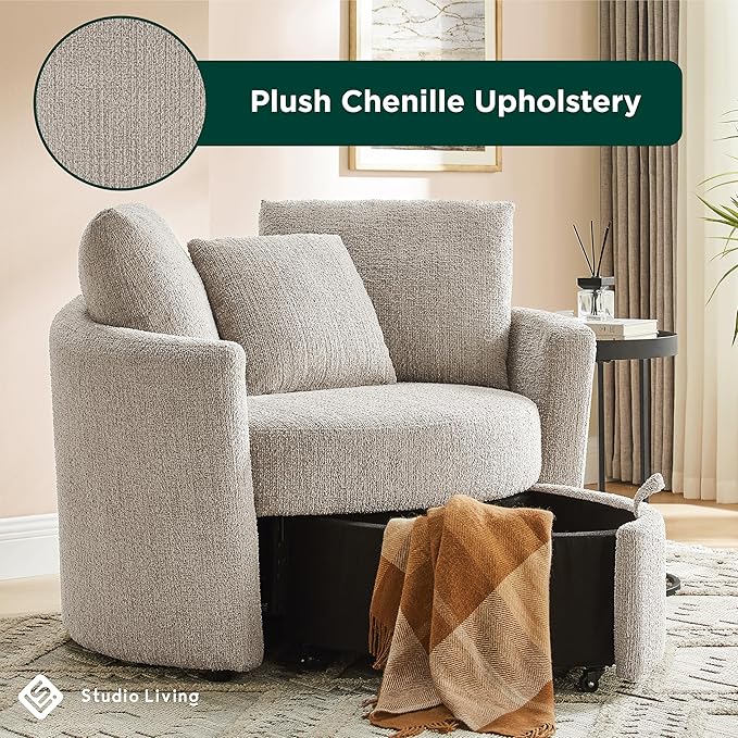 Studio Living® Beckett 48" Storage Chair, Modern Farmhouse, Pocket Coil Comfort, Easy Assembly, Chenille Fabric, Taupe