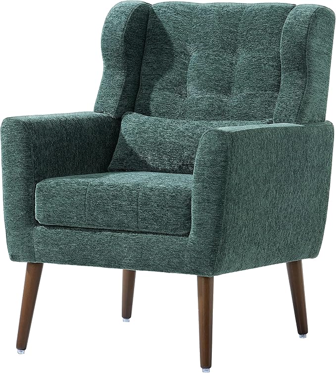 QKFF Modern Accent Chair, Upholstered Armchair with Pillow, Fabric Single Sofa Chair with Lounge Seat and Wood Legs Accent Chair for Living Room Bedroom Small Spaces (Blackish Green)