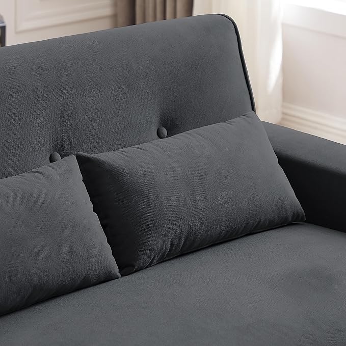 48" Loveseat Sofa, 2 Seater Love Seat Mid Century Modern Small Couches for Living Room Bedroom Apartment, 2 Throw Pillows and Plastic Legs, Dark Grey