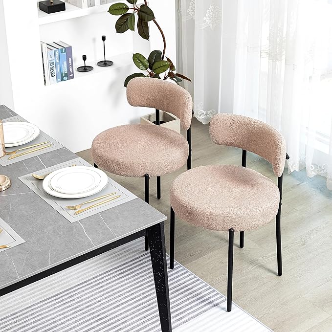 DYHOME Dining Chair One Chair,Boucle Dining Chair with Black Metal Legs,Upholstered Modern Kitchen Dining Room Chair Curved Backrest,Camel Color